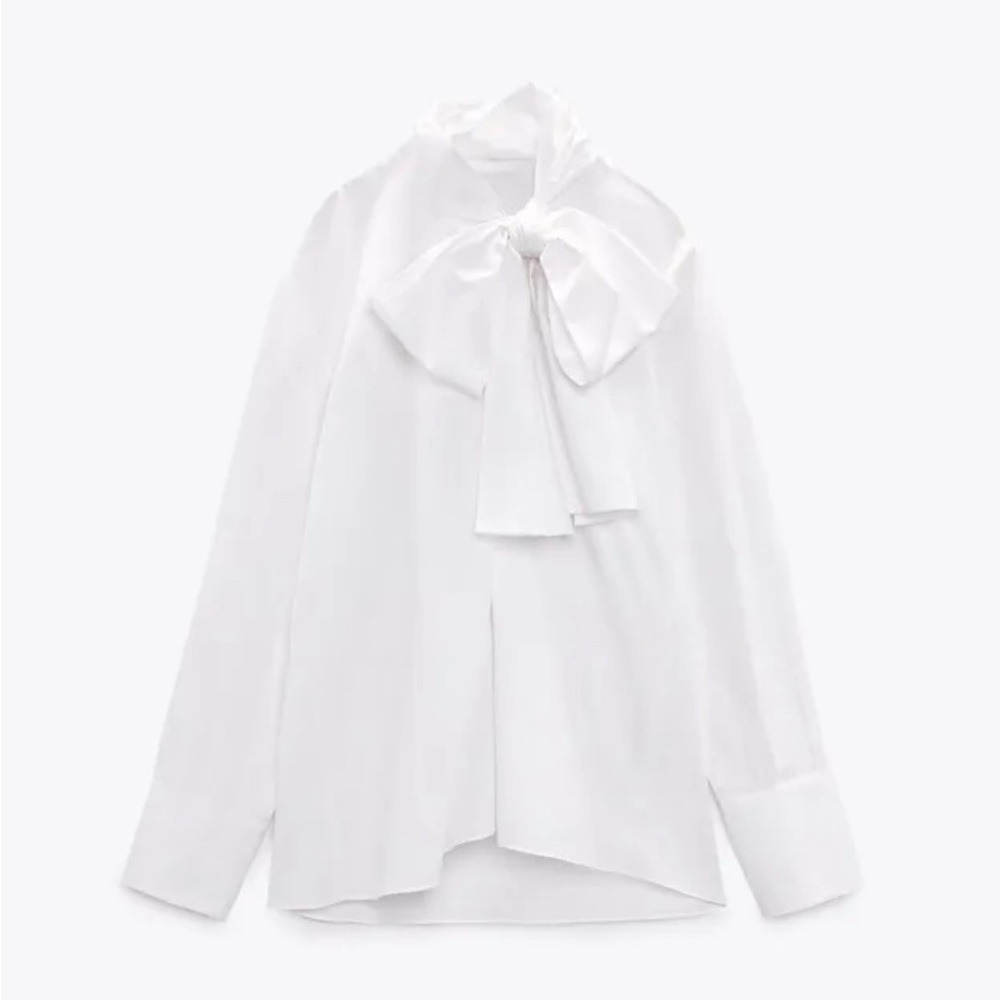 NWT Zara White Poplin Bow Tie Shirt